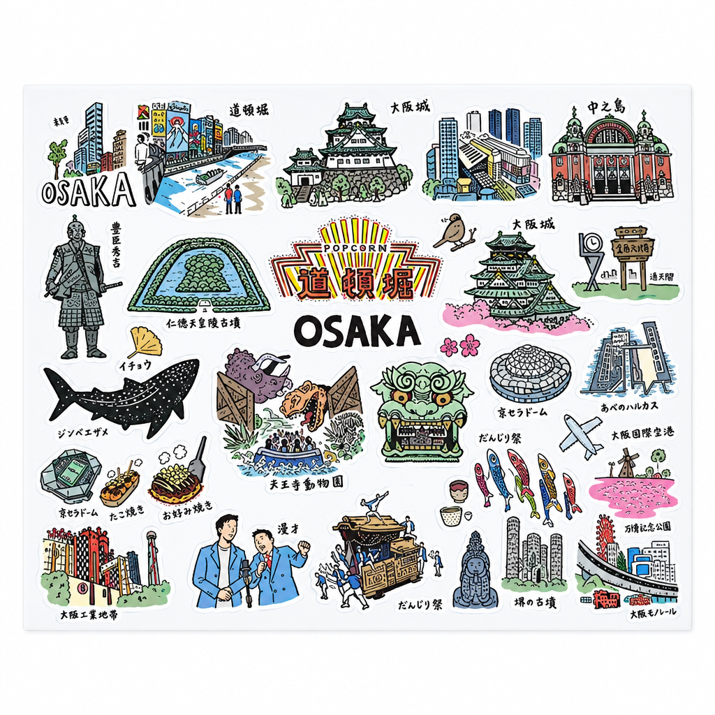 A printed Osaka travel-themed illustration sheet displayed on a wooden surface, featuring hand-drawn landmarks, food, people, and cultural icons around the word 'OSAKA' in large central text. The sheet is photographed on top of an open notebook with dried leaves at the top.