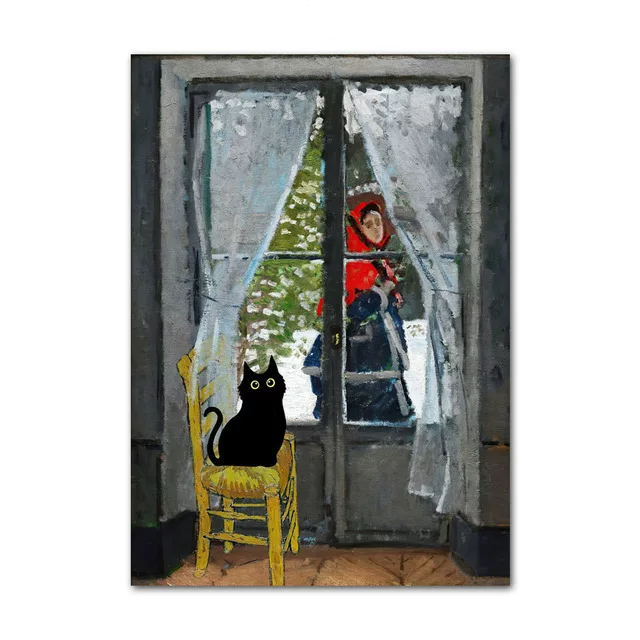 Painting of a person on a ladder by a window with a black cat on a yellow chair.