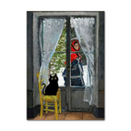 Painting of a person on a ladder by a window with a black cat on a yellow chair.