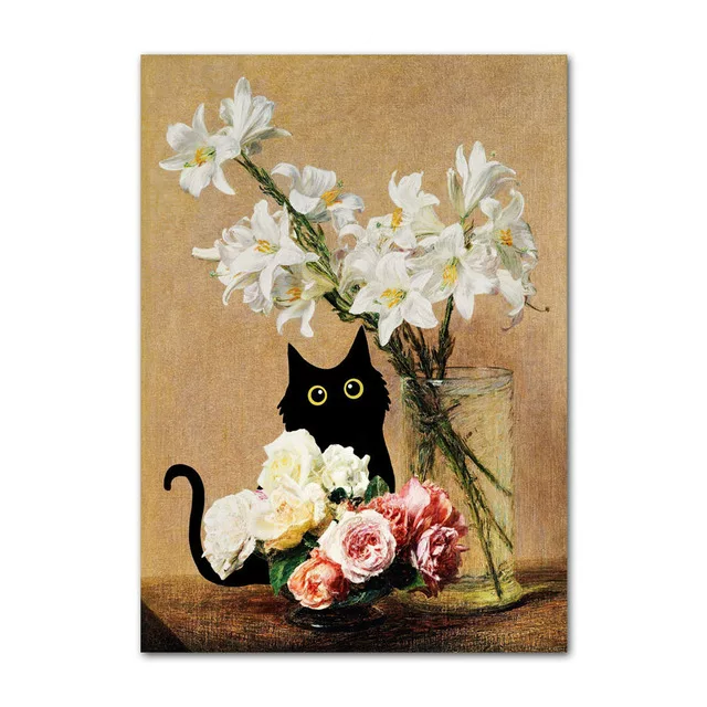 Painting of a black cat among flowers on a textured background