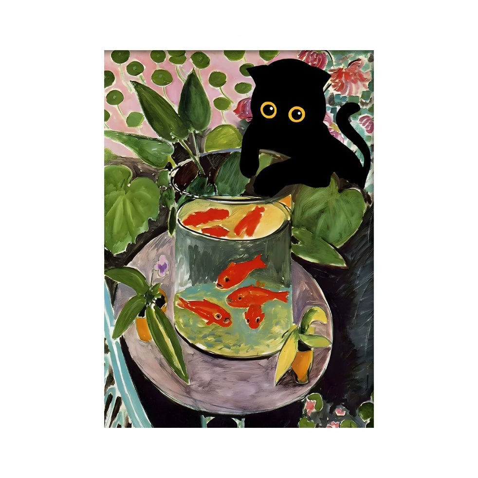 Painting of a black cat looking into a fishbowl with goldfish, surrounded by plants and flowers.