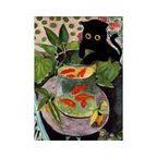 Painting of a black cat looking into a fishbowl with goldfish, surrounded by plants and flowers.