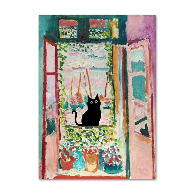 Painting of a black cat sitting on a windowsill with colorful flowers and plants.