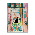 Painting of a black cat sitting on a windowsill with colorful flowers and plants.