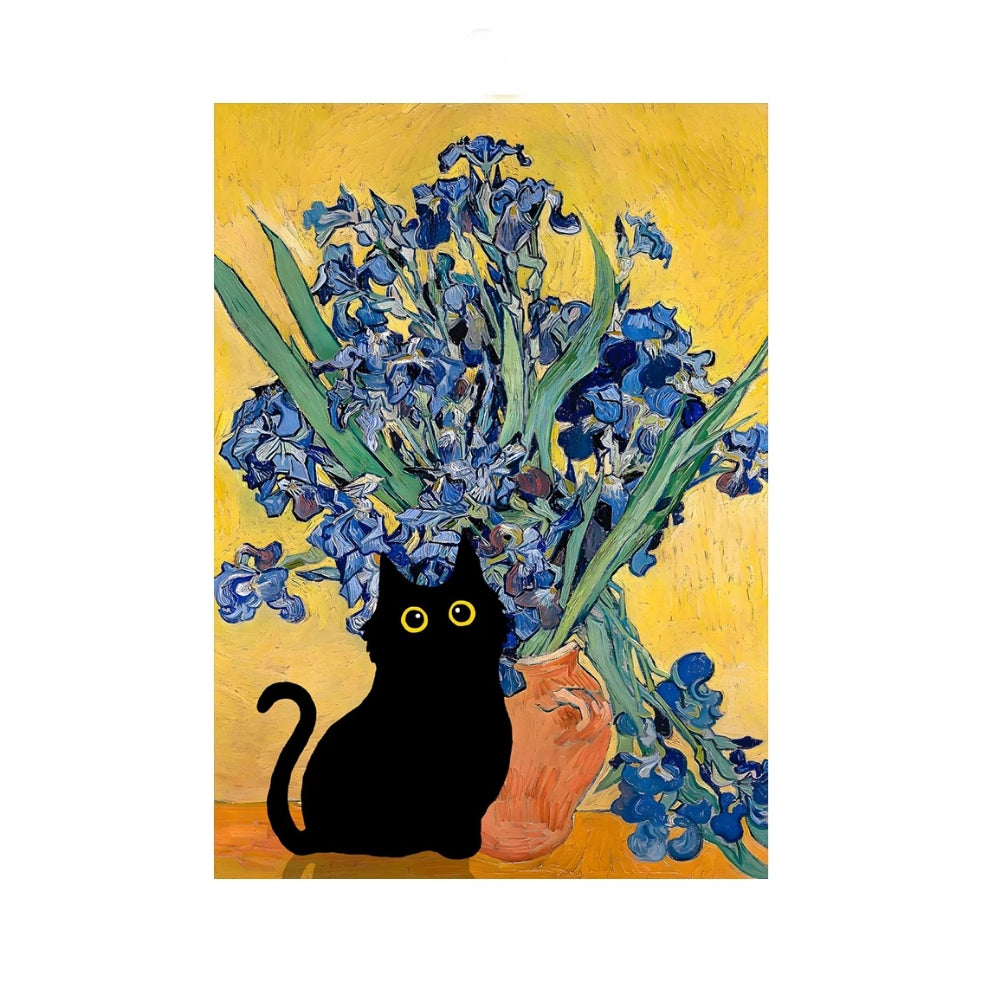 Painting of a black cat with blue flowers on a yellow background