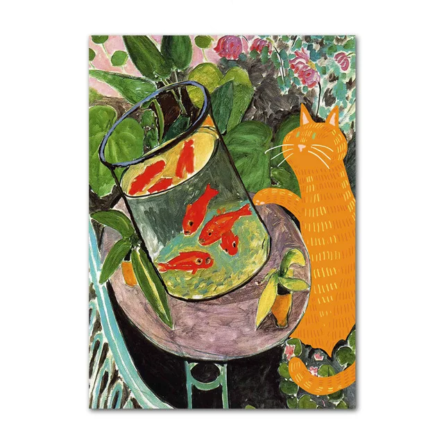 Painting of a cat looking at a fishbowl with goldfish and green leaves.