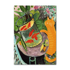 Painting of a cat looking at a fishbowl with goldfish and green leaves.