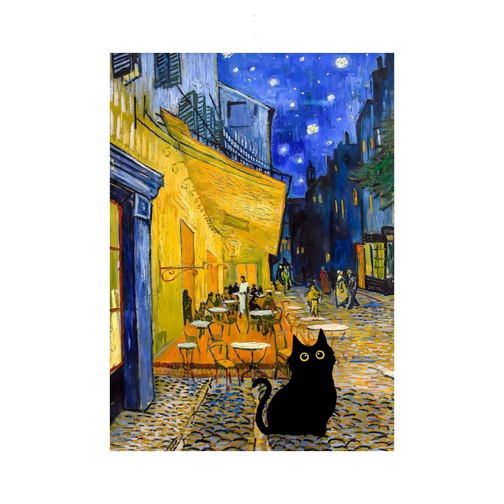 Painting of a street scene with a black cat sitting on the ground.