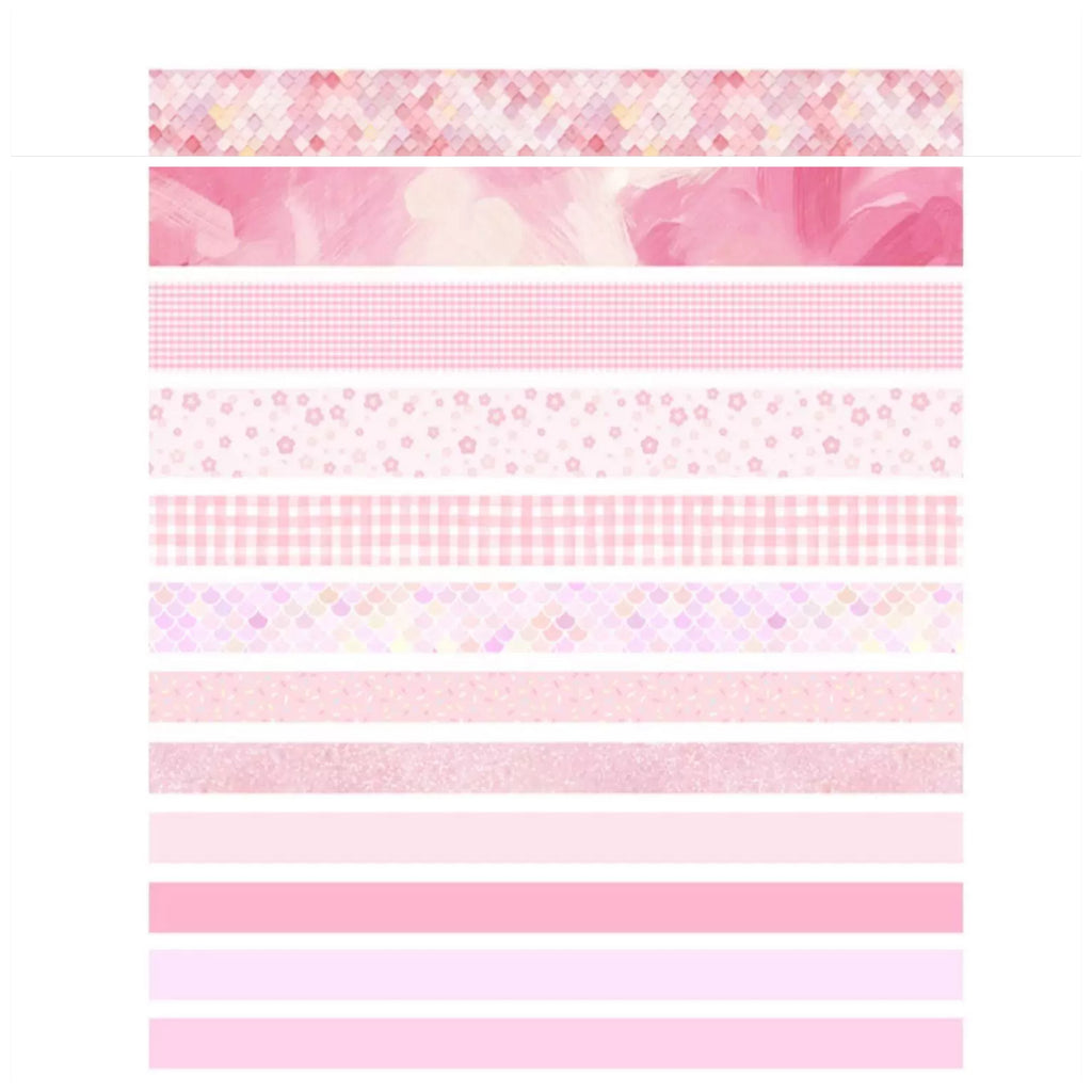 Set of pink washi tapes with various patterns on a white background