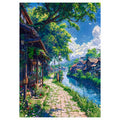 Scenic view of a quaint village with a canal and traditional houses.
