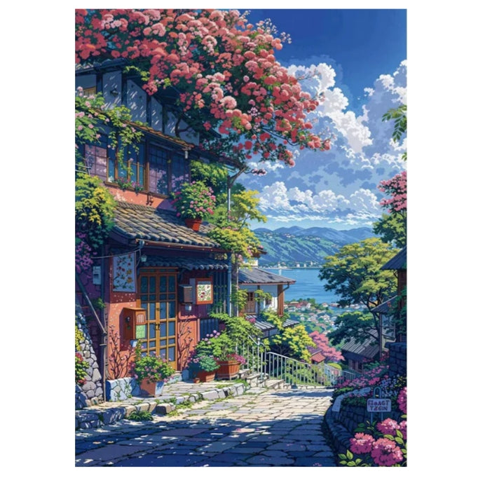 Painting of a scenic village with flowers and mountains