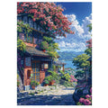 Painting of a scenic village with flowers and mountains