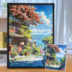 Jigsaw puzzle with a scenic view of a house and cherry blossoms, next to an unassembled piece.