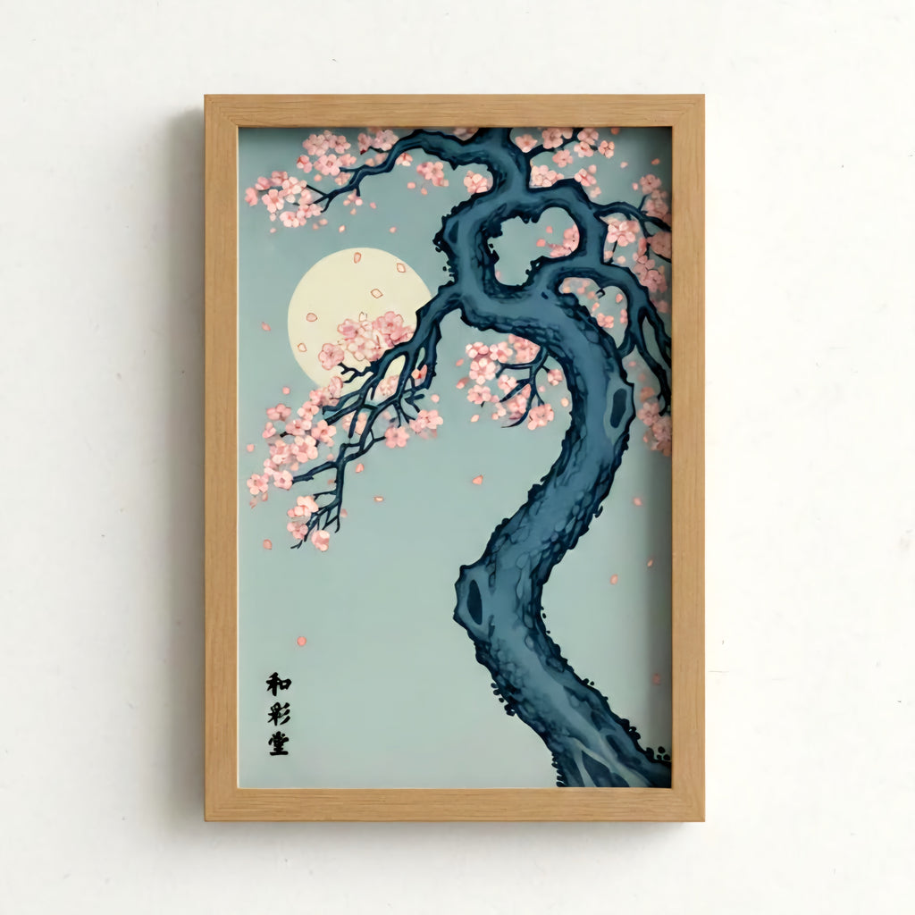 Framed artwork of a cherry blossom tree with a moon on a light blue background.