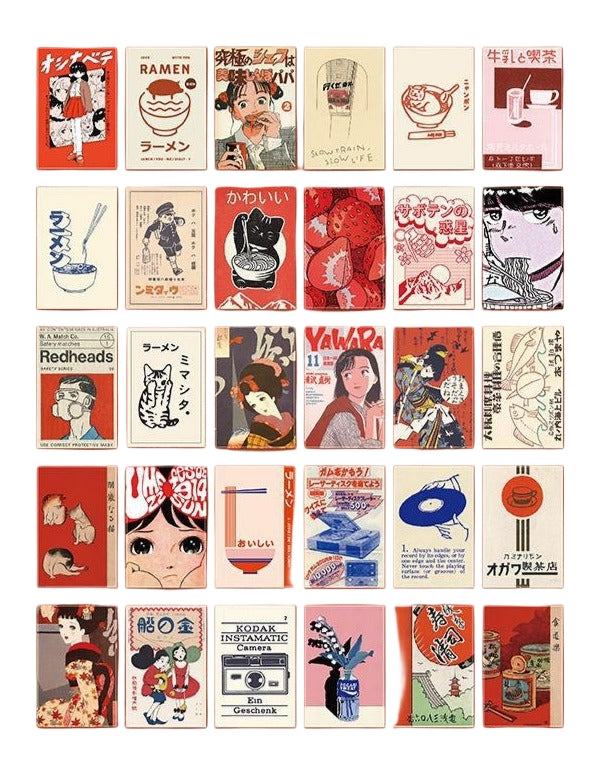 Collection of vintage-style product packaging designs with illustrations and text.