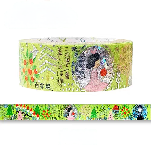 A roll of decorative washi tape with a light green background and whimsical illustrated characters, Japanese text, and small red and orange motifs, shown with a strip unrolled below on a white background.