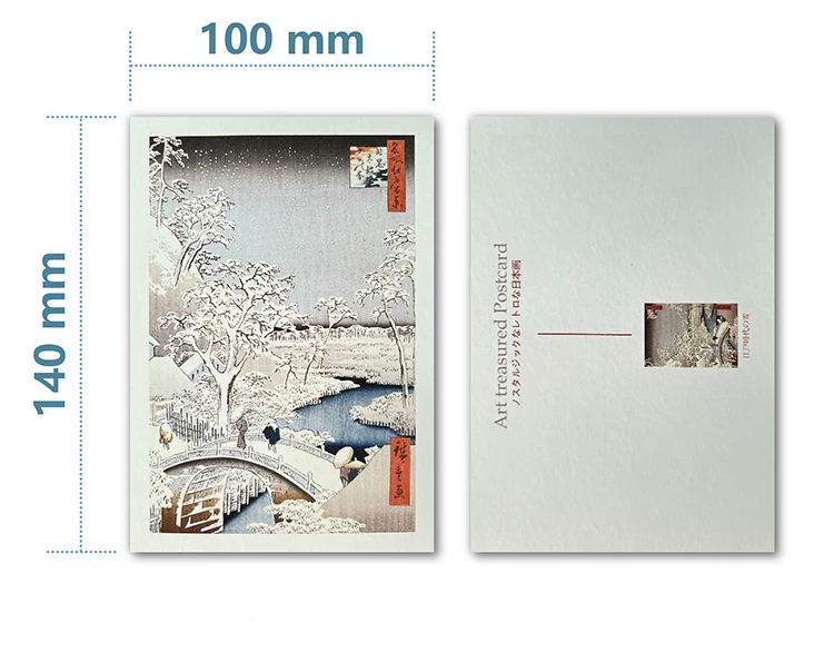 Product illustration with dimensions and two views of a postcard.