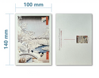 Product illustration with dimensions and two views of a postcard.