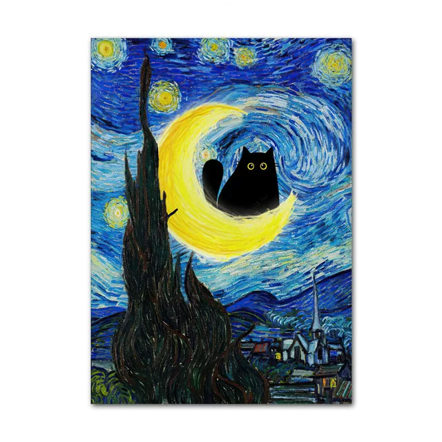 Stylized version of 'Starry Night' with a black cat in the moon, on a white background.