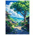 Scenic village with stone path, trees, and houses under a blue sky.