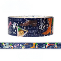 A roll of decorative washi tape with a dark navy blue background, white Japanese text, and whimsical illustrations including a rabbit, a cat, and colorful objects, shown with a narrow strip unrolled below on a white background.