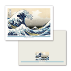 Famous artwork of a large wave with Mount Fuji in the background, displayed on a white card.