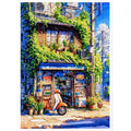 Colorful street scene with a store front and scooter under greenery