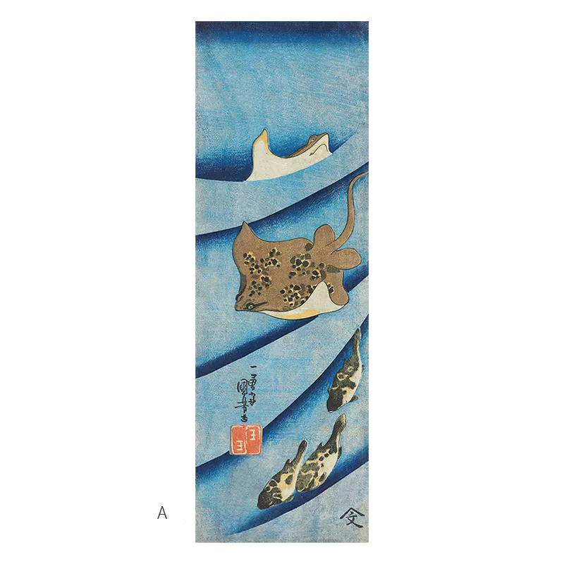 Traditional Japanese artwork with a fish and a shark on a blue background