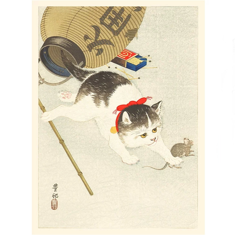 Traditional Japanese woodblock print of a cat with a mouse and a fan.