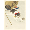 Traditional Japanese woodblock print of a cat with a mouse and a fan.