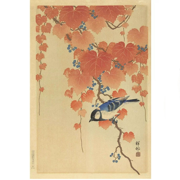 Traditional Japanese artwork of a bird perched on a branch with red leaves and blue berries.