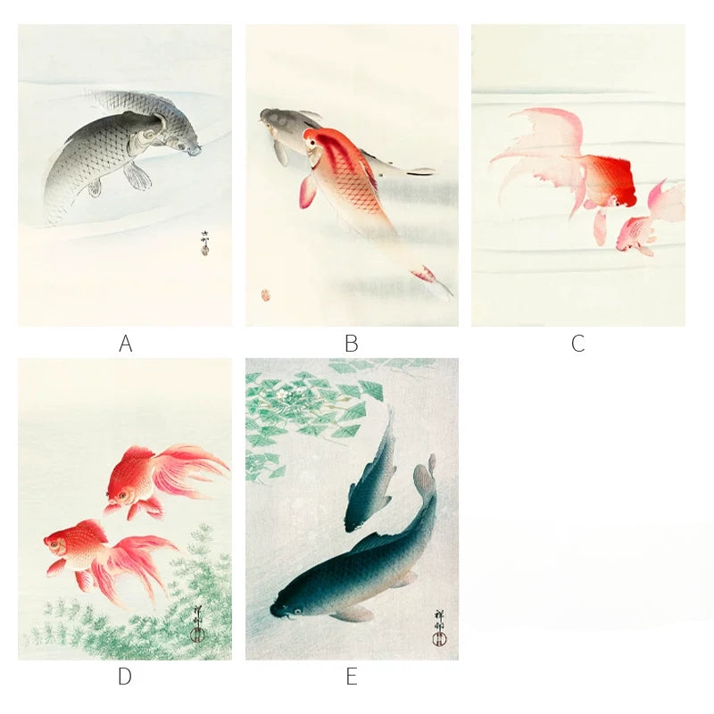 Five paintings of fish on a white background