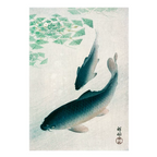 Traditional Japanese woodblock print of two carp swimming among lotus leaves.