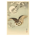Traditional Japanese woodblock print of an owl among cherry blossoms with a full moon.