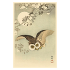 Traditional Japanese woodblock print of an owl among cherry blossoms with a full moon.