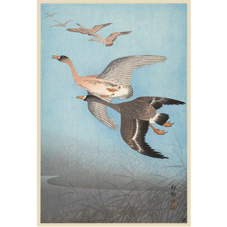 Traditional Japanese woodblock print of geese flying over water