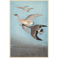 Traditional Japanese woodblock print of geese flying over water