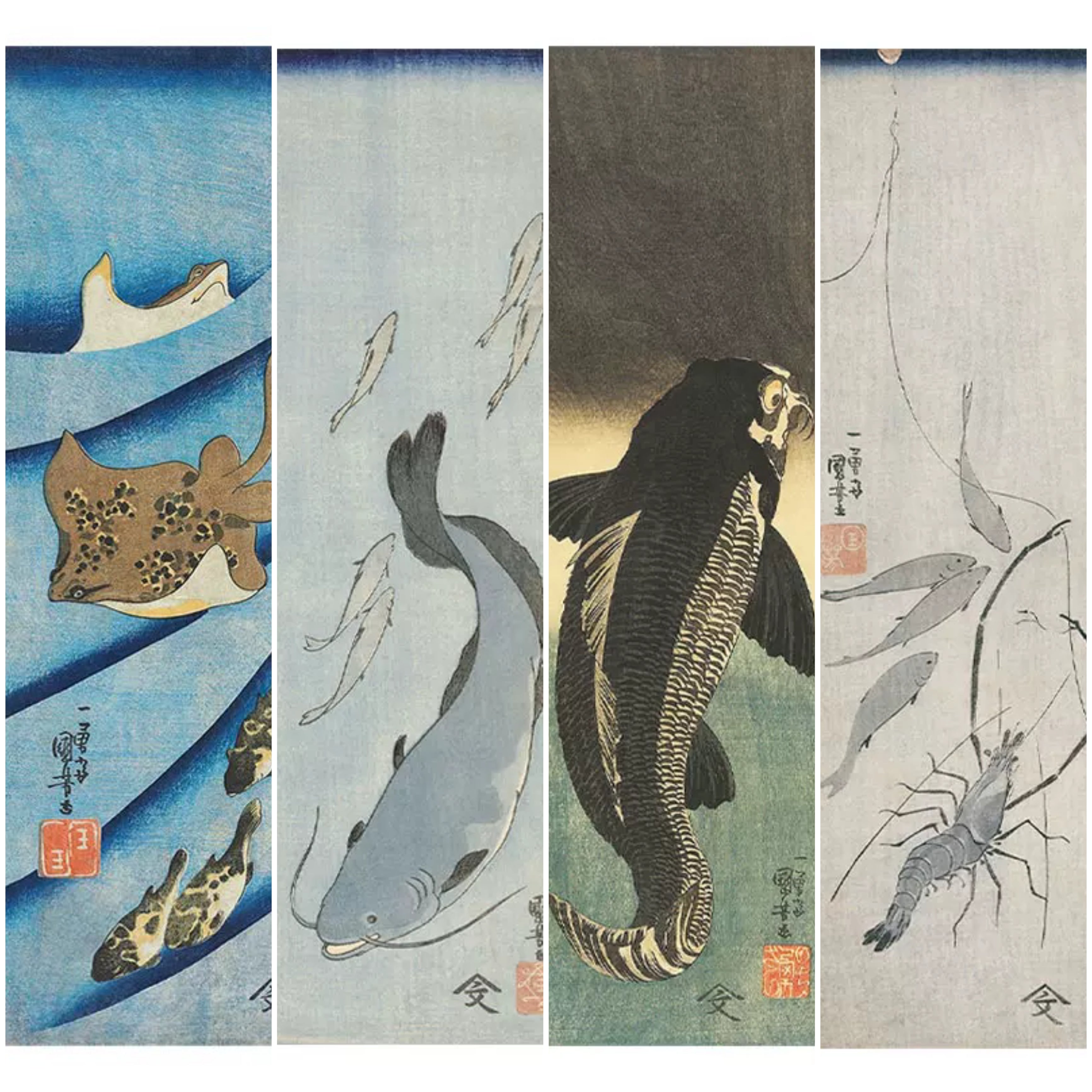 Four panel Japanese woodblock print featuring various fish and sea creatures.