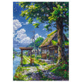 Painting of a quaint village scene with a house, trees, and a path.