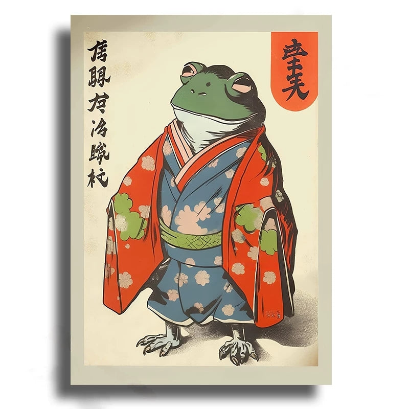 Frog in traditional Japanese clothing with text on a beige background