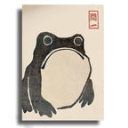 Frog illustration on a beige background with a red stamp-like design.