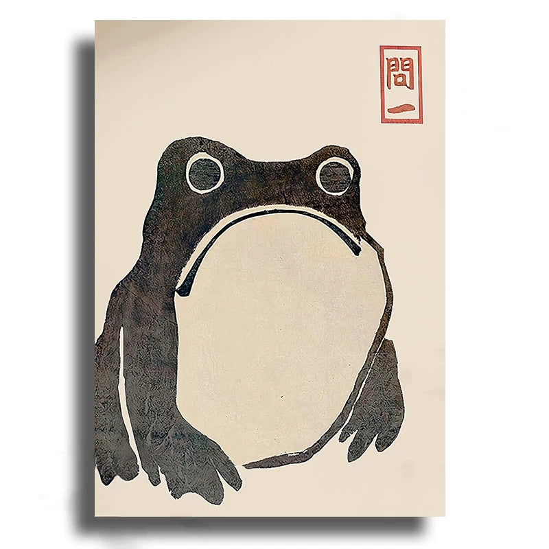 Frog illustration on a beige background with a red stamp-like design.