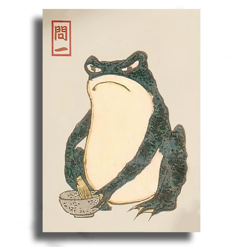 Illustration of a frog holding a bowl with a brush on a beige background