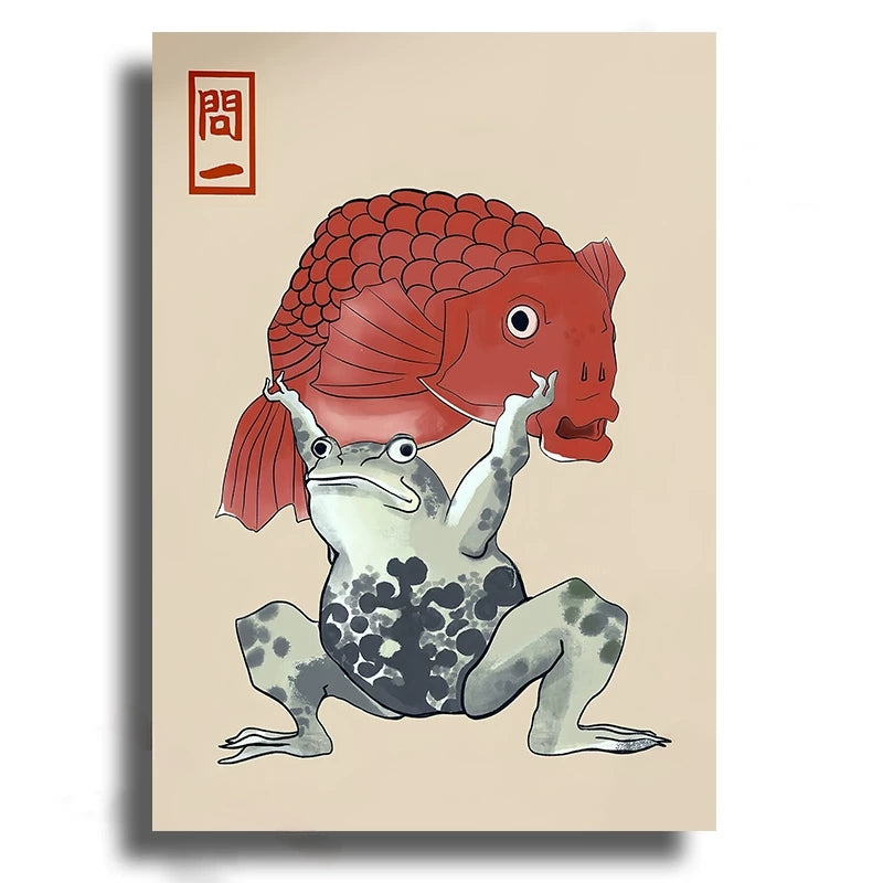 Illustration of a frog with a fish on its head against a beige background