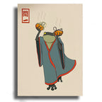 Illustration of a frog character in traditional attire holding incense on a beige background
