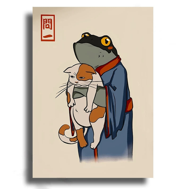 Illustration of a large dog-like creature holding a cat, with a red stamp on the top left corner.