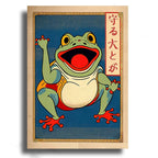 Framed illustration of a cartoon frog with a surprised expression on a blue background