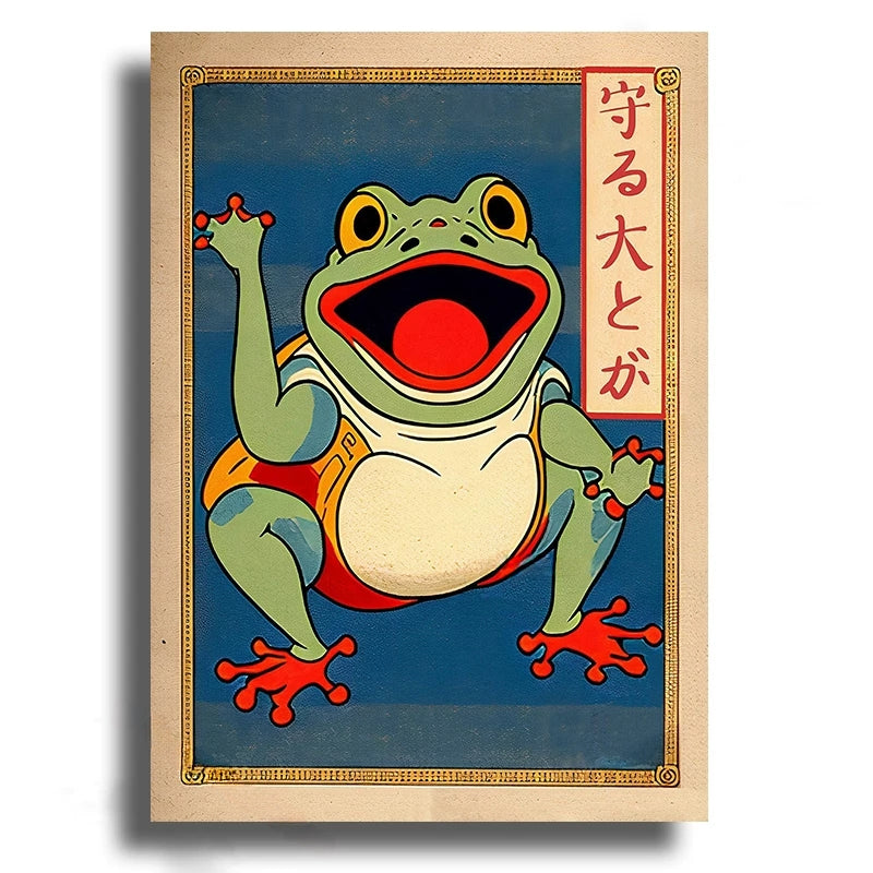 Framed illustration of a cartoon frog with a surprised expression on a blue background