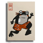 Cartoon frog character with a red hat and orange shorts on a beige background