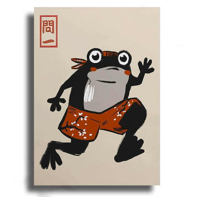 Cartoon frog character with a red hat and orange shorts on a beige background